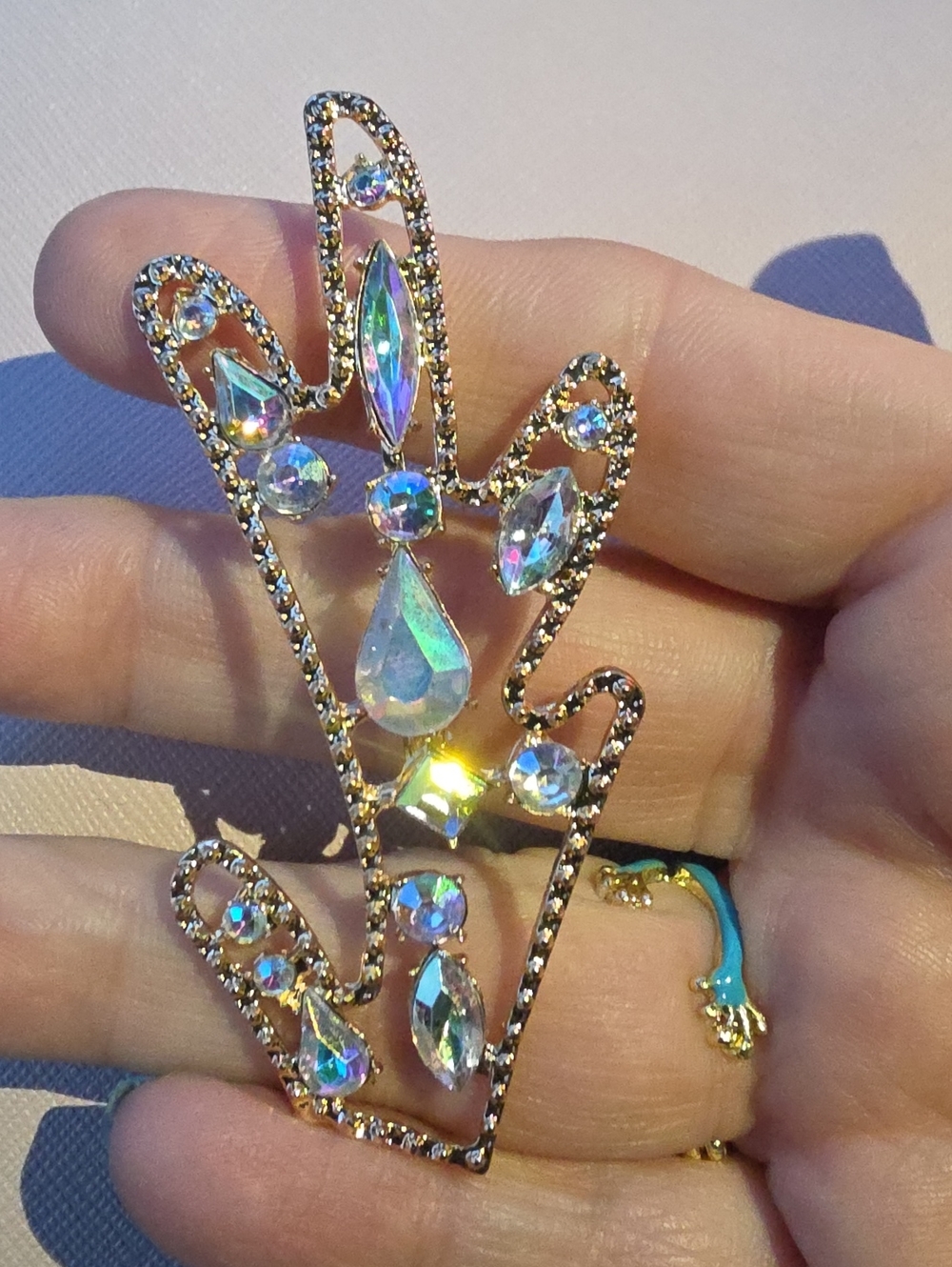 A78- Gold-tone Crystal Vine Statement Brooch- Iridescent